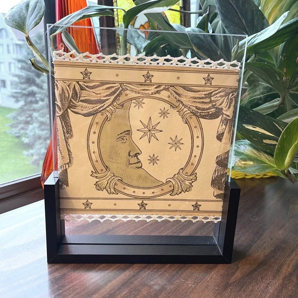 90s Vtg Celestial‎ Sun Moon Star Print Framed Wall Art floating Frame 10x9 lace